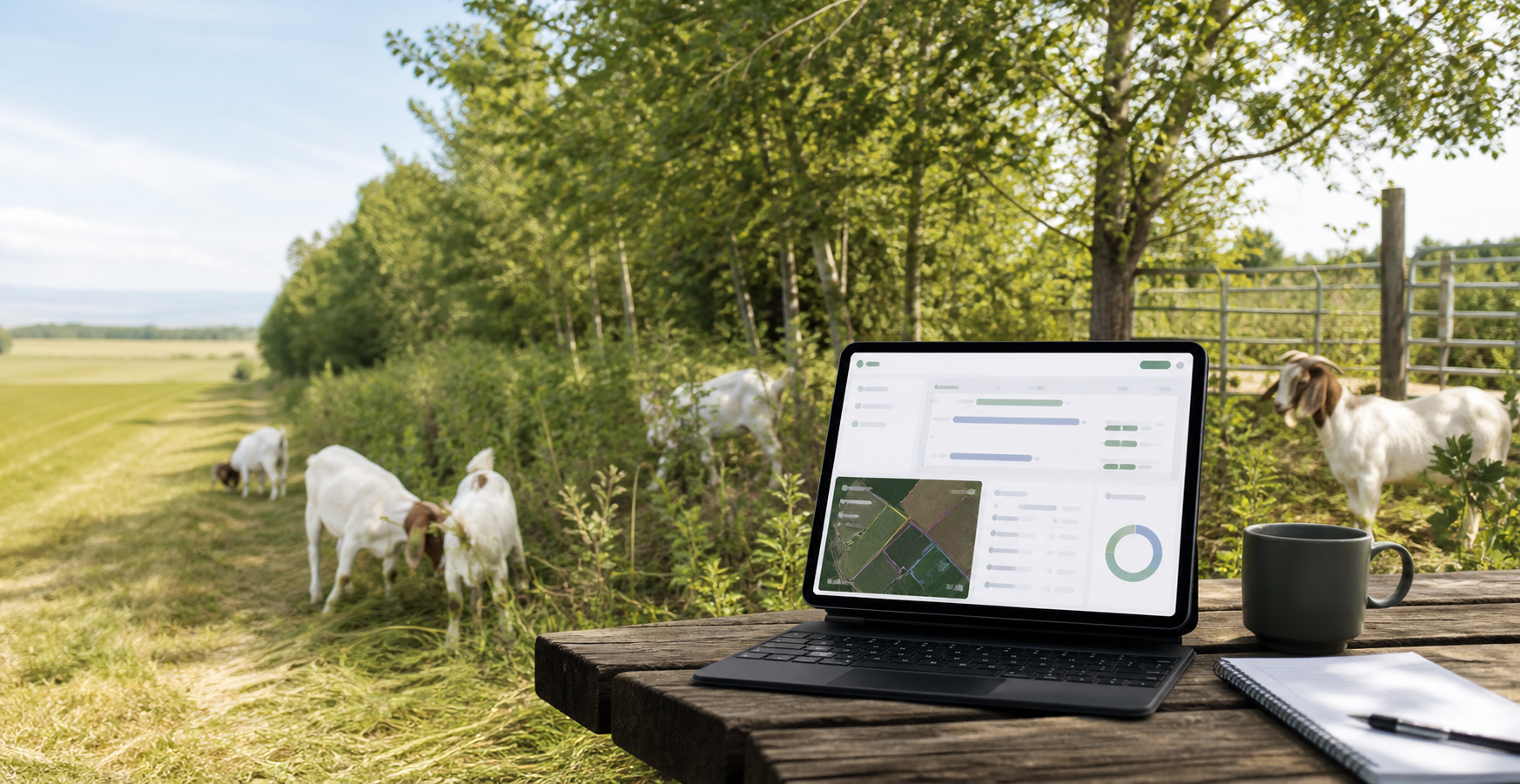 Goats grazing brush beside a tablet showing a grazing operations dashboard